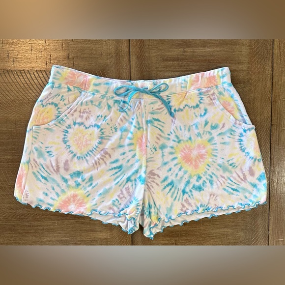 Women’s cute pajama shorts size Small tie dye with blue ruffle trim drawstring - Picture 3 of 9